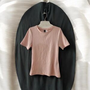 H&M Pink Ribbed Fitted Short Sleeve T-Shirt